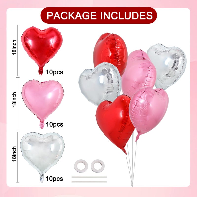 TONIFUL 30Pcs 18 Inch Heart Balloons Red Silver Pink Valentineâ€™s Day Heart Shape Foil Mylar Balloons Decoration for Valentine's Day Wedding Bridal Shower Anniversary Engagement Party Supplies - Image 2