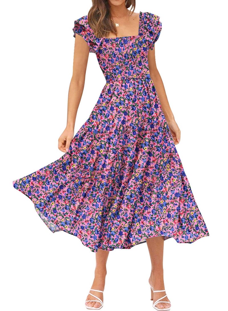 DOROSE Women's Summer Boho Dress Floral Print Smocked Square Neck Tiered Maxi Dresses Beach Sundress Purple S - Image 1