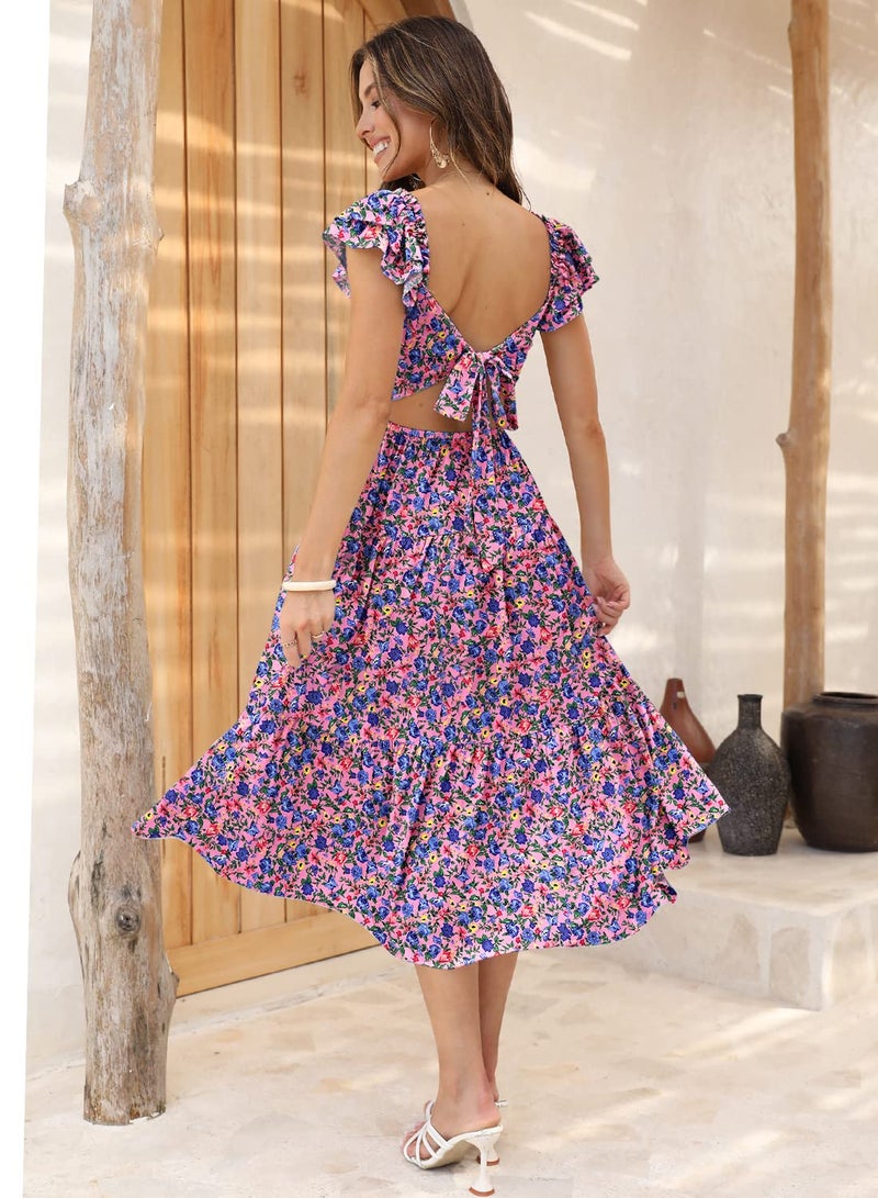 DOROSE Women's Summer Boho Dress Floral Print Smocked Square Neck Tiered Maxi Dresses Beach Sundress Purple S - Image 2