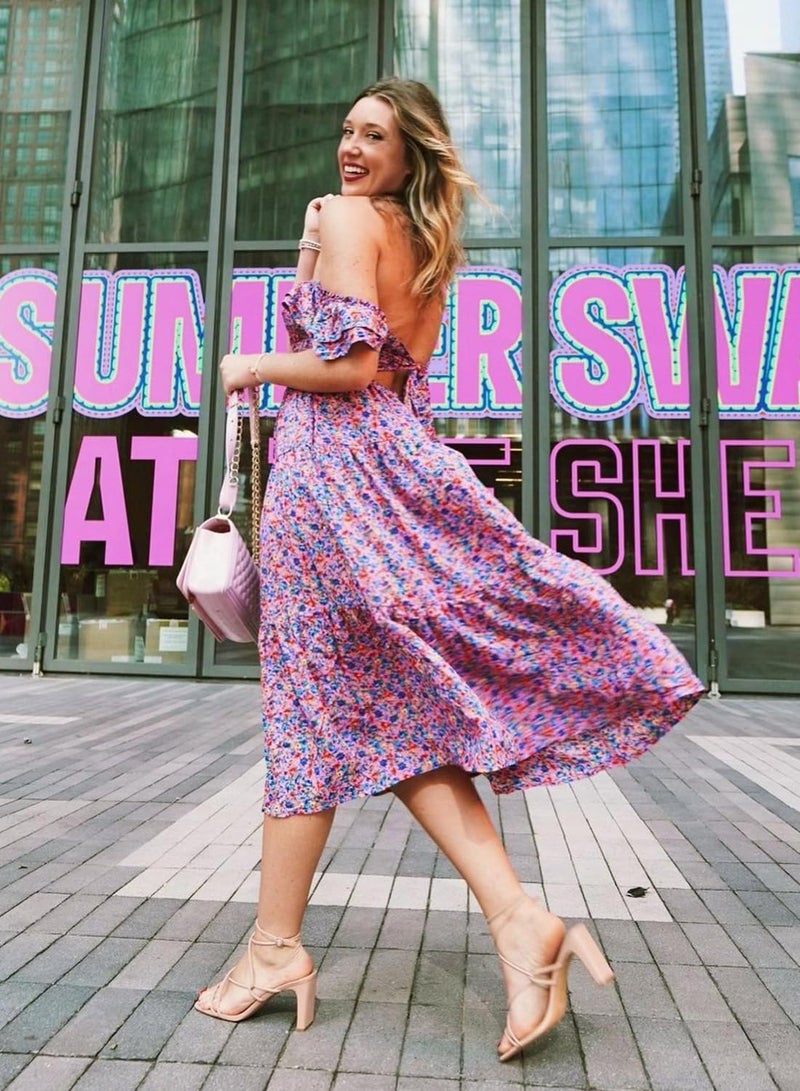 DOROSE Women's Summer Boho Dress Floral Print Smocked Square Neck Tiered Maxi Dresses Beach Sundress Purple S - Image 4