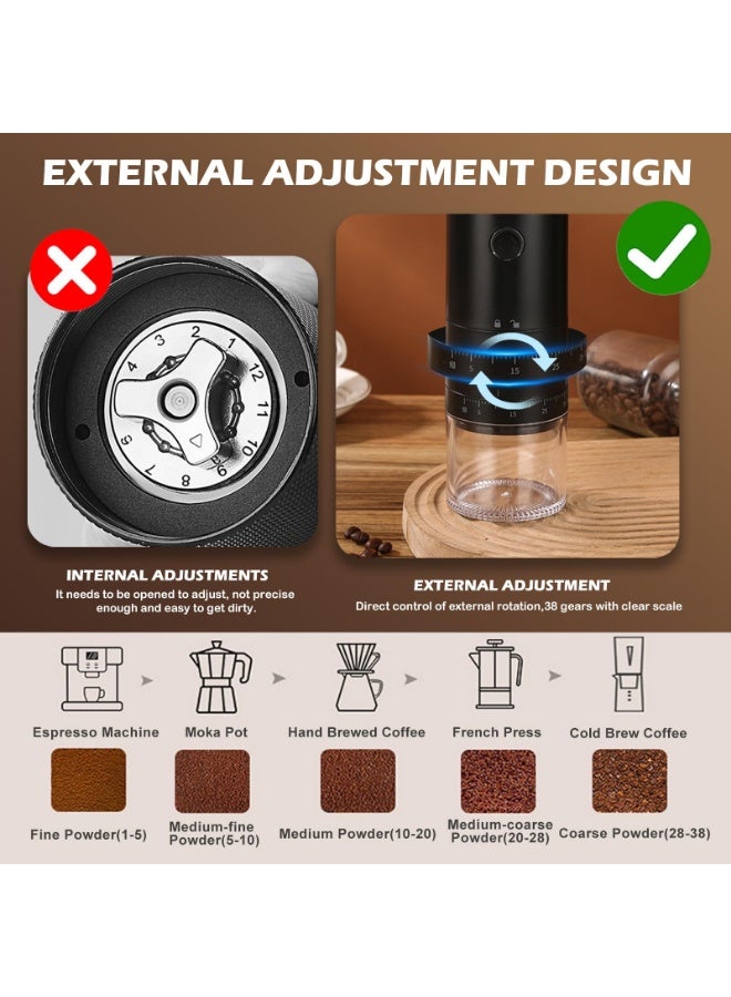 وانغبانغزي طاحونة قهوة كهربائية محمولة، 38 إعداد للطحن، بطارية 1500 مللي أمبير قابلة لإعادة الشحن، رحى سيراميك، للإسبريسو والفرينش بريس، للمنزل والمكتب والسفر - Image 3