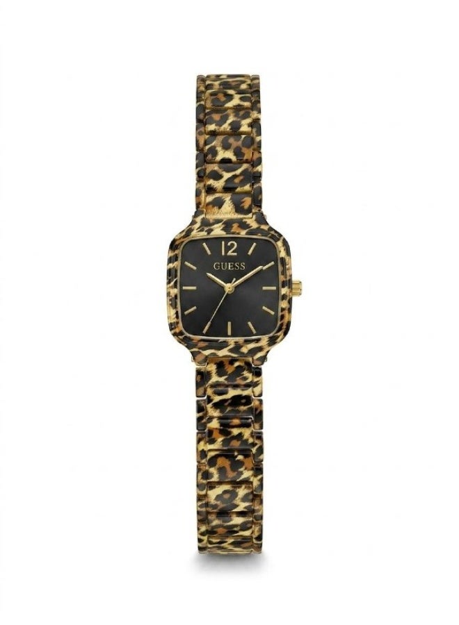 GUESS Women Luxury Fashion Analog Quartz Watch With Leopard Animal Print Link Bracelet Square Case Black Dial Gold Indices - Image 1