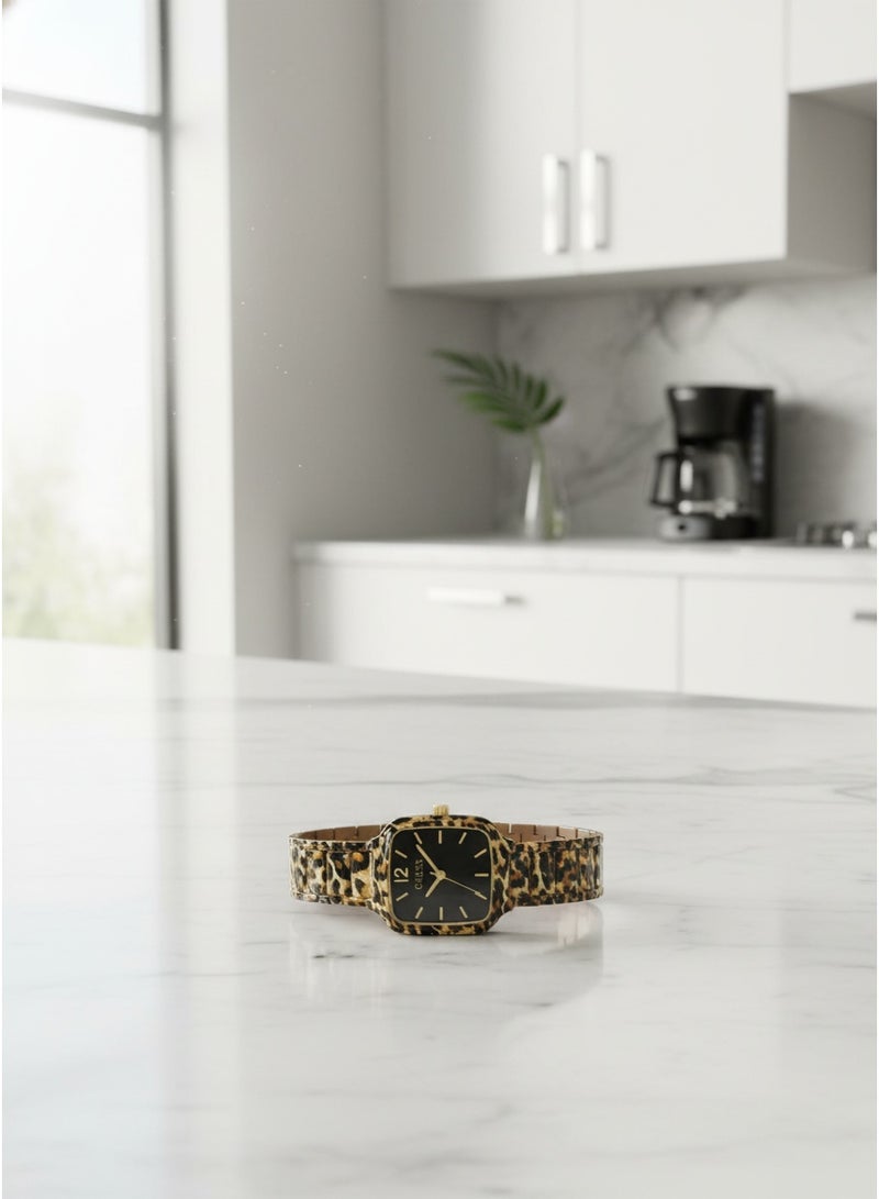 GUESS Women Luxury Fashion Analog Quartz Watch With Leopard Animal Print Link Bracelet Square Case Black Dial Gold Indices - Image 3