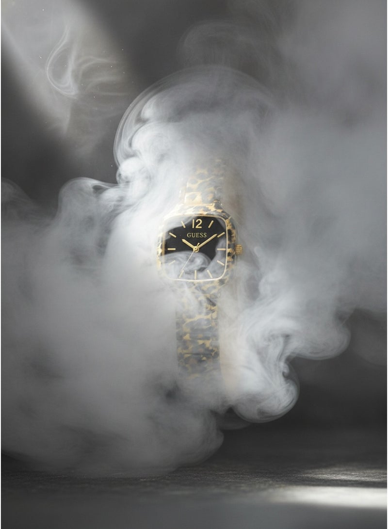 GUESS Women Luxury Fashion Analog Quartz Watch With Leopard Animal Print Link Bracelet Square Case Black Dial Gold Indices - Image 5
