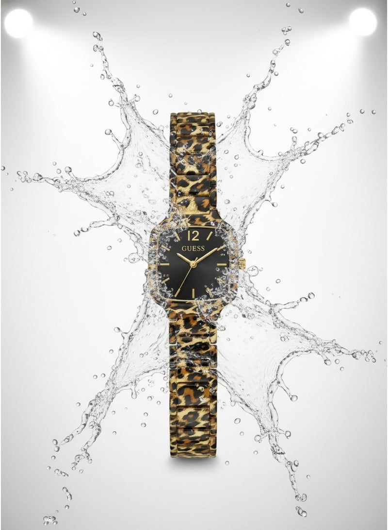GUESS Women Luxury Fashion Analog Quartz Watch With Leopard Animal Print Link Bracelet Square Case Black Dial Gold Indices - Image 2