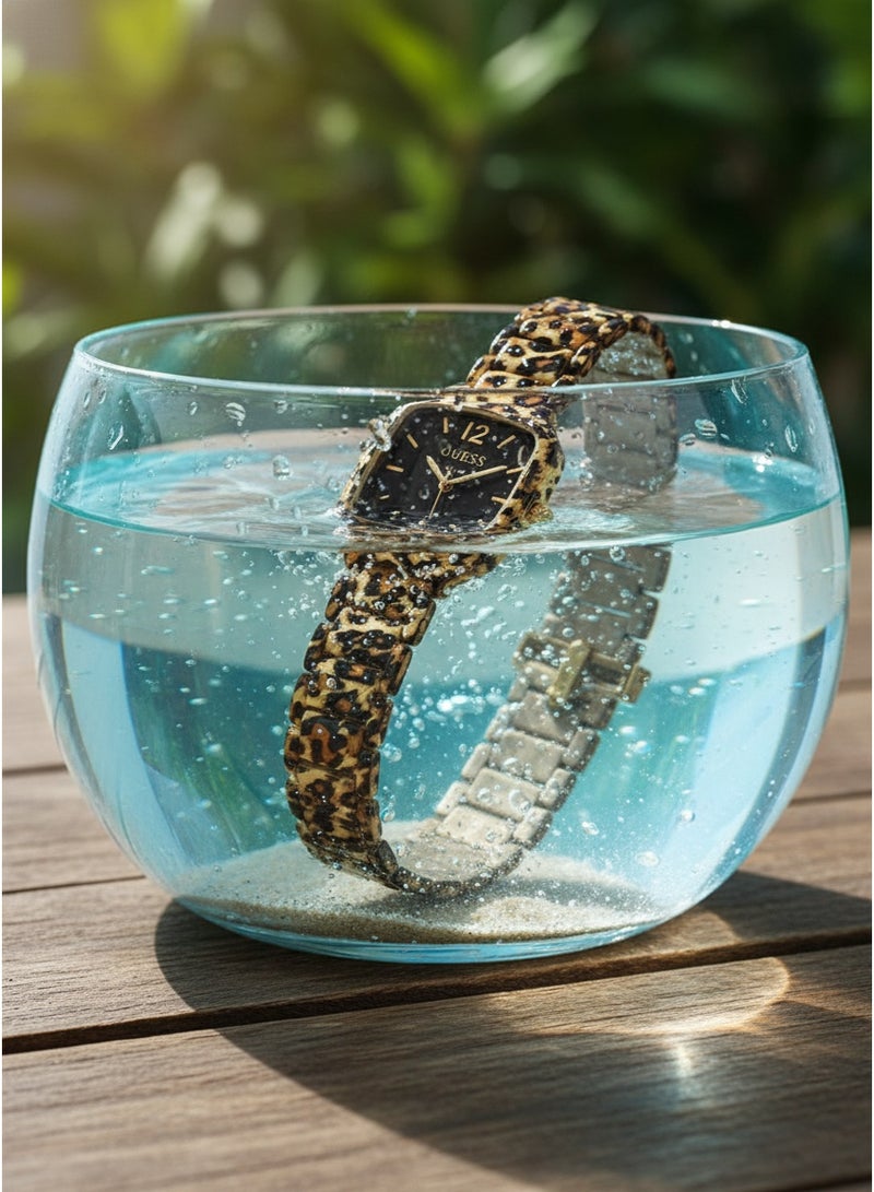 GUESS Women Luxury Fashion Analog Quartz Watch With Leopard Animal Print Link Bracelet Square Case Black Dial Gold Indices - Image 4