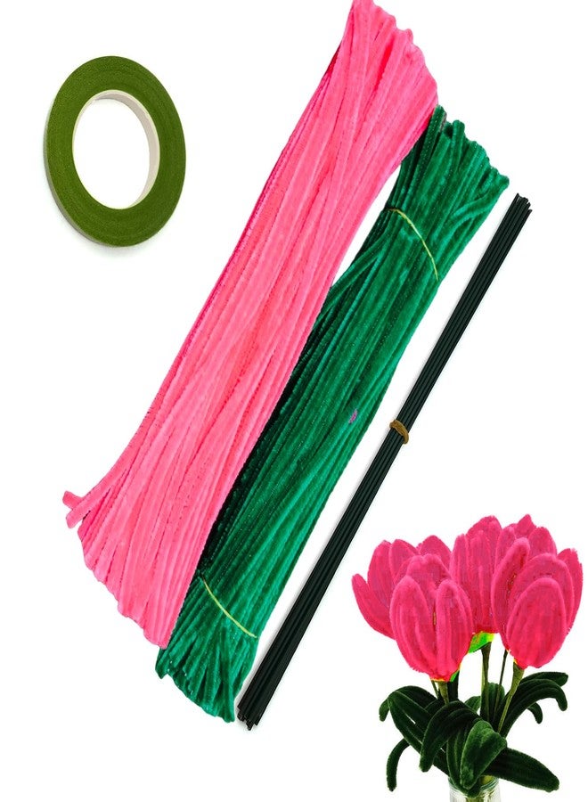 3A Featuretail 200 pcs Pipe Cleaners Set with Floral Wires & Floral Tape | Chenille Stems Pipecleaners for Flower Bouquet Making, Kids DIY Craft Projects and Decorations (Dark Pink & Green) - Image 1