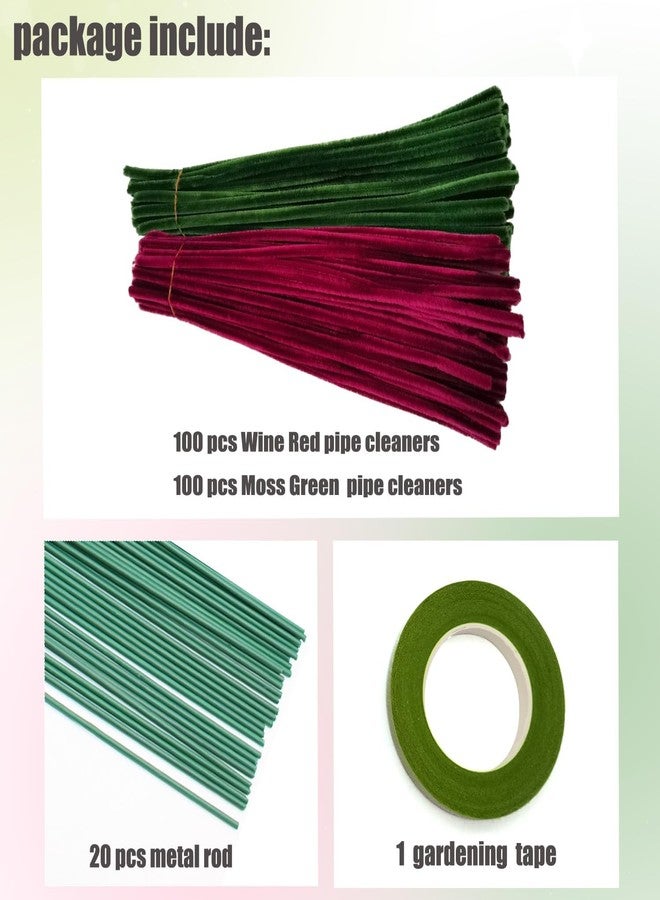 3A Featuretail 200 pcs Pipe Cleaners Set with Floral Wires & Floral Tape | Chenille Stems Pipecleaners for Flower Bouquet Making, Kids DIY Craft Projects and Decorations (Dark Pink & Green) - Image 2
