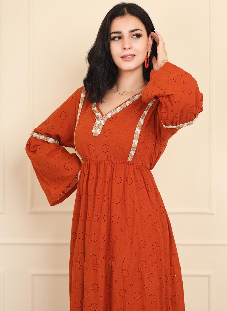 فرايديين كلاسيك انيق طوق على شكل V اللون الصامد تطريز بإمتصاص حزام مزخرف الاكمام المتوهجة فساتين طويلة برتقالي - Image 5