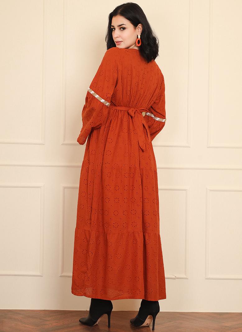 فرايديين كلاسيك انيق طوق على شكل V اللون الصامد تطريز بإمتصاص حزام مزخرف الاكمام المتوهجة فساتين طويلة برتقالي - Image 2