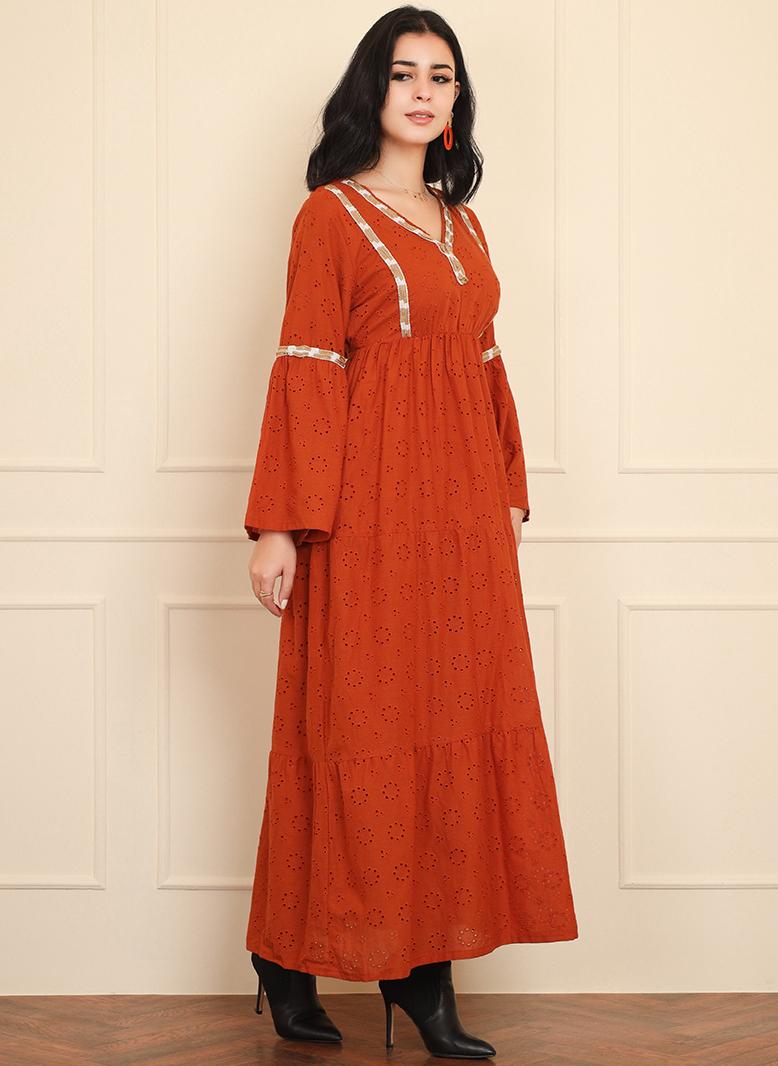 فرايديين كلاسيك انيق طوق على شكل V اللون الصامد تطريز بإمتصاص حزام مزخرف الاكمام المتوهجة فساتين طويلة برتقالي - Image 3