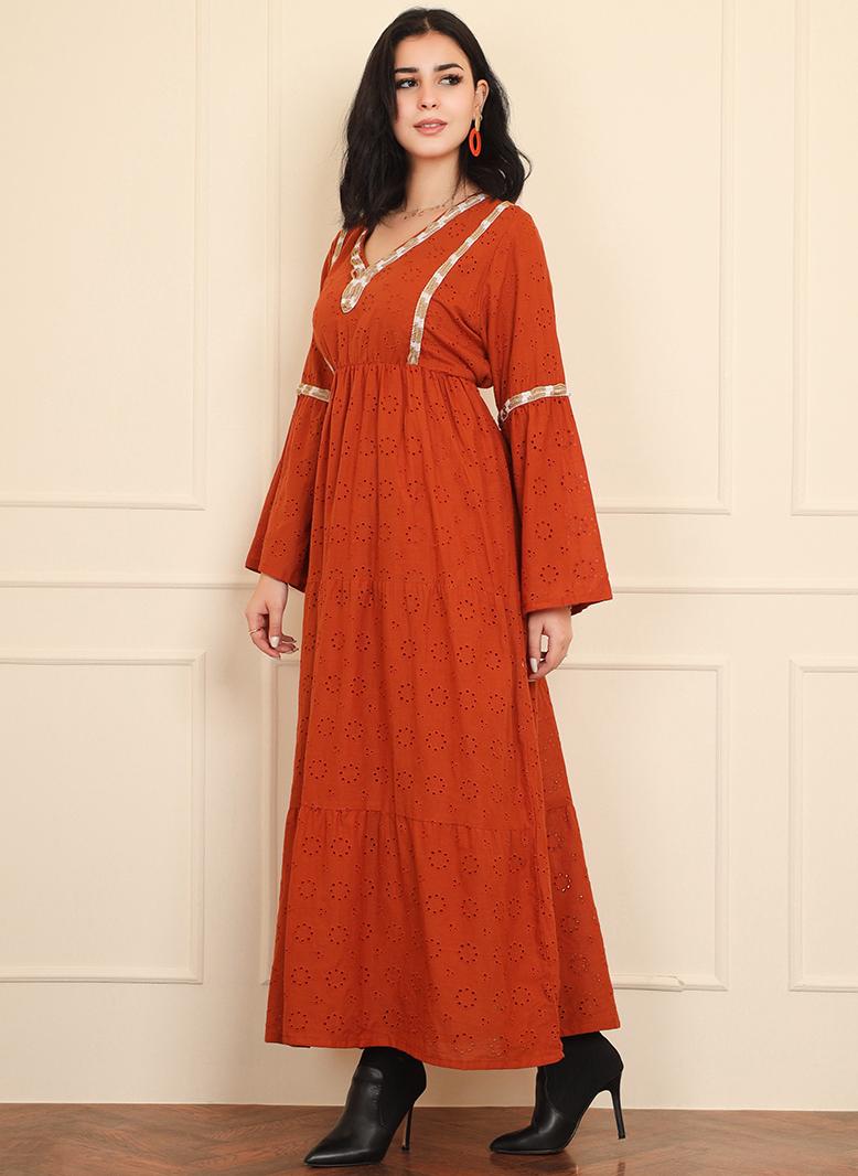 فرايديين كلاسيك انيق طوق على شكل V اللون الصامد تطريز بإمتصاص حزام مزخرف الاكمام المتوهجة فساتين طويلة برتقالي - Image 4