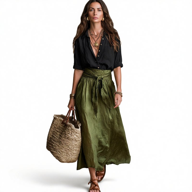 Women's Loose Blouse Set with Waist Belt and Midi Skirt Two Piece Outfit