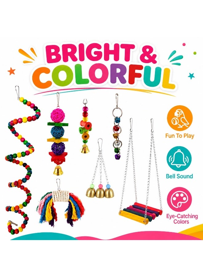 SRLIWHITE Bird Toy Set, 7 Piece Parrot Cage Toys, Colorful Hanging Swing, Bell Toys, Spiral Perch, Chew Toys For Small Pet Birds - Image 2