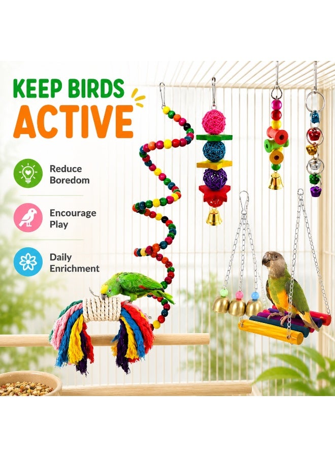 SRLIWHITE Bird Toy Set, 7 Piece Parrot Cage Toys, Colorful Hanging Swing, Bell Toys, Spiral Perch, Chew Toys For Small Pet Birds - Image 4