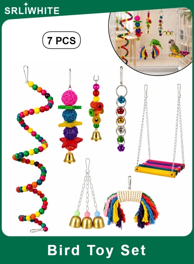 SRLIWHITE Bird Toy Set, 7 Piece Parrot Cage Toys, Colorful Hanging Swing, Bell Toys, Spiral Perch, Chew Toys For Small Pet Birds - Image 1