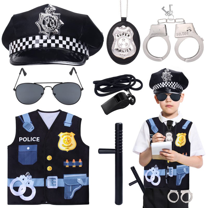 Keymall Kids Police Costume Set7 Pcs Police Officer Dress Up for boysHatVest BadgeWhistleSunglassesHandcuffBaton Set B - Image 2