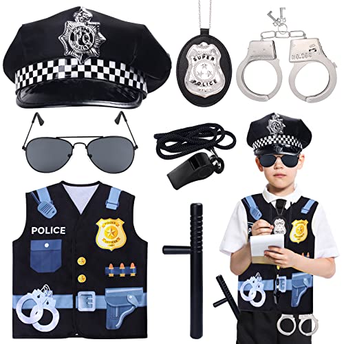 Keymall Kids Police Costume Set7 Pcs Police Officer Dress Up for boysHatVest BadgeWhistleSunglassesHandcuffBaton Set B - Image 1