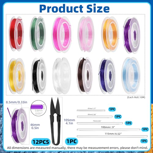Glarks 12Rolls Elastic Bracelet String Cord Set, 12 Colors Stretchy Elastic String Cord with U-Scissors and 5Pcs Beading Needles for DIY Jewelry Making - Image 2