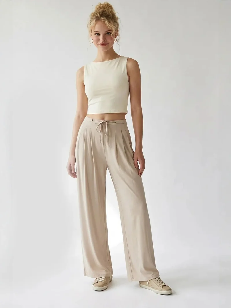 Mixray Beige Natural MIXRAY Women's High-waist Wide-leg Jersey Trousers for Women | Best Price UAE