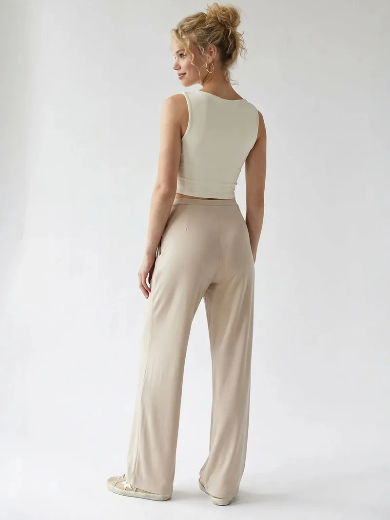 Mixray Beige Natural MIXRAY Women's High-waist Wide-leg Jersey Trousers for Women | Best Price UAE