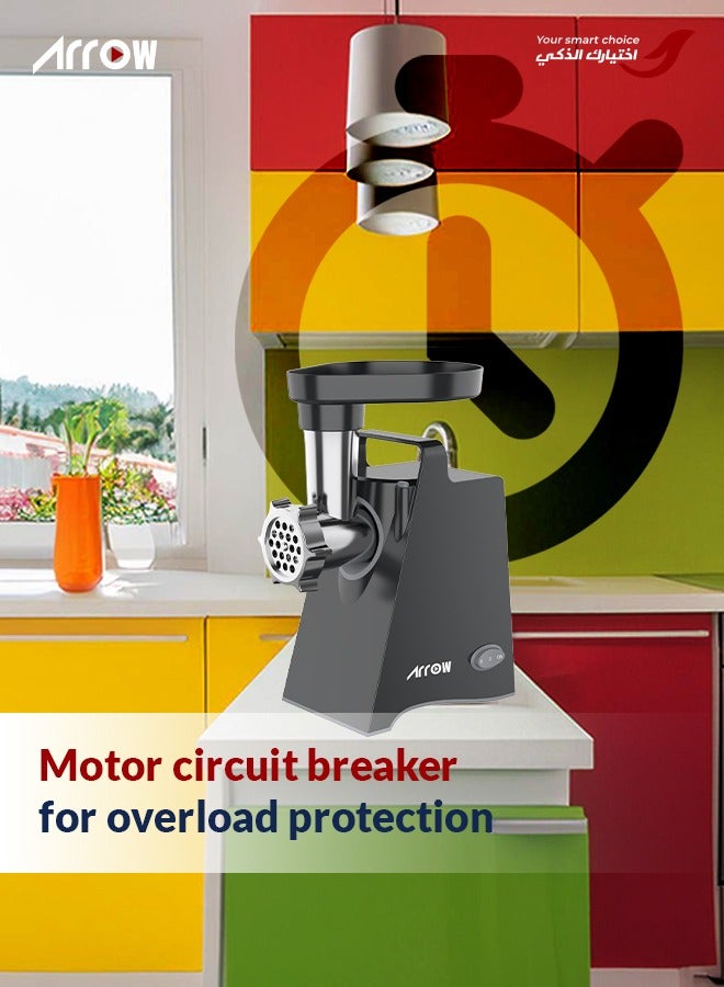 ارو مفرمة لحوم كهربائية بقوة 800 واط، وظيفة عكسية | ألواح تقطيع معدنية وتروس | شفرات من الفولاذ المقاوم للصدأ | 2.3 كجم | 3 أقراص تقطيع من سبائك معدنية (3 مم، 5 مم، 7 مم) | أداة صنع النقانق والكبة | ضوضاء منخفضة | أقدام مطاطية غير قابلة للانزلاق | اسم الموديل: RO-800MGAO - Image 5