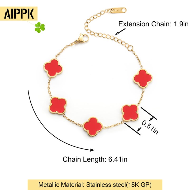 AIPPK 18K Gold Plated Clover Lucky Bracelet Dupes for Women Red Flower Four Leaf Bracelets Trendy Jewelry Gifts for Women - Image 2