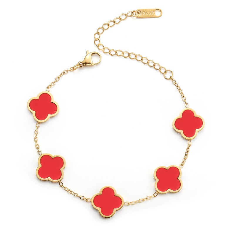 AIPPK 18K Gold Plated Clover Lucky Bracelet Dupes for Women Red Flower Four Leaf Bracelets Trendy Jewelry Gifts for Women - Image 1