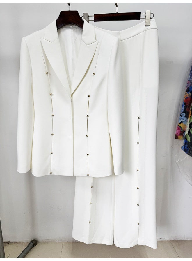 Madam Uniq White Diamond-Embellished Hollow Out Suit Pants Set - Image 2
