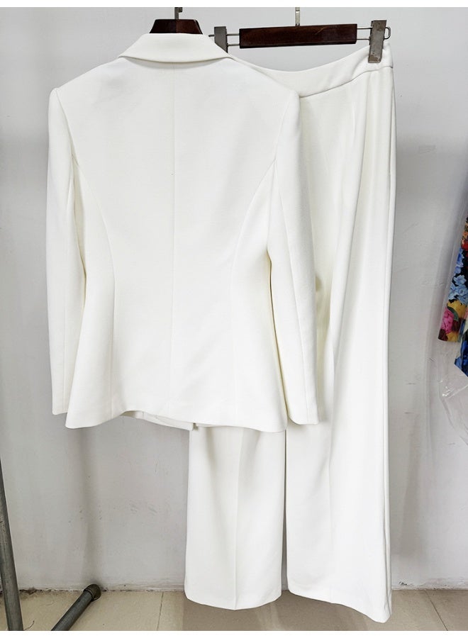 Madam Uniq White Diamond-Embellished Hollow Out Suit Pants Set - Image 3