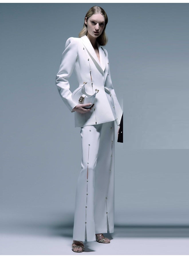 Madam Uniq White Diamond-Embellished Hollow Out Suit Pants Set - Image 1