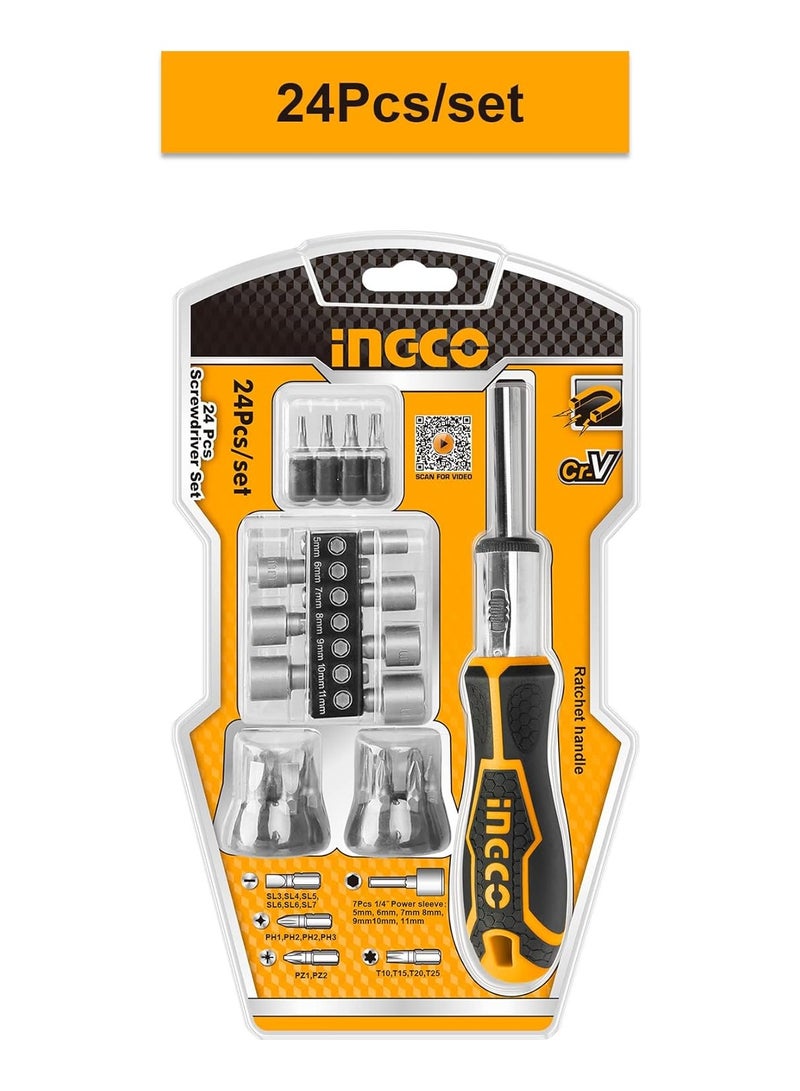 INGCO HKSDB0248 24 Pcs Screwdriver Set, 16 Pcs 6.35X25mm Screwdriver Bit, INGCO Style Ratchet Handle, High Auality Cr.V Material, Heavy duty, High Torque... - Image 1