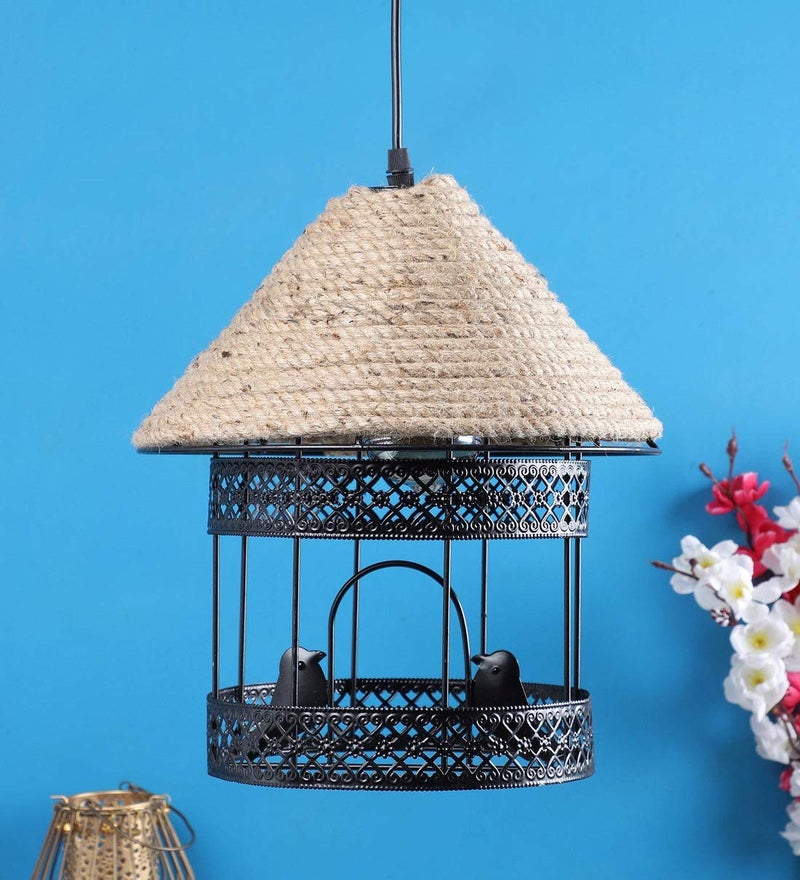 Improvhome Hanging Vintage Chidiya Retro Industrial Iron Loft Ceiling Chandelier Pendant Lamp, Black - Image 1