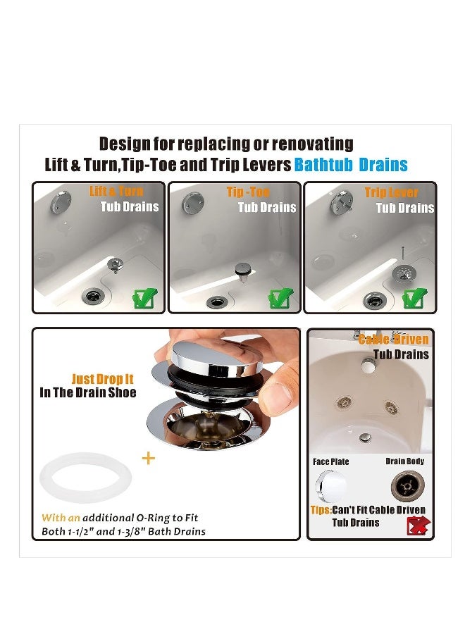 Universal Tip Toe Bath Drain Stopper and Cover, Bathtub Drain Stopper, Replaces Lift and Turn, Tip-Toe and Trip Lever drains for Tub, EZ Installation and Clearing, Easy Installation (Chrome Plated) - Image 2