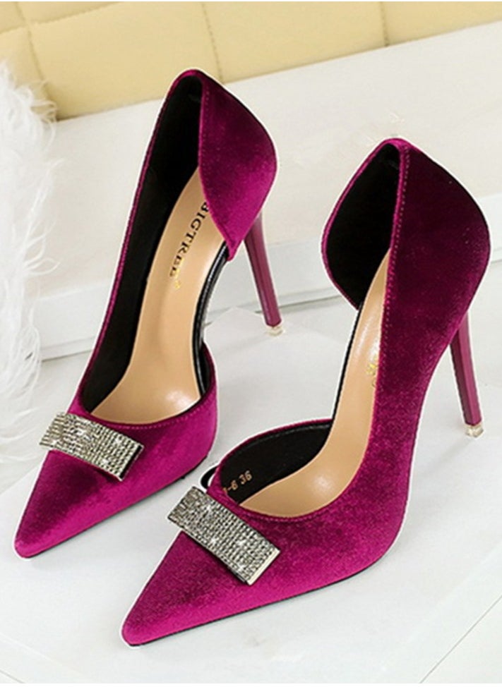 BIGTREE Women's Suede Closed Pointed Toe Stiletto Pump Rhinestone Square Buckle Decoration High Heels Purple 10.5 CM  - Image 1
