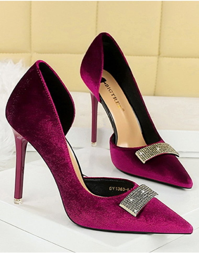 BIGTREE Women's Suede Closed Pointed Toe Stiletto Pump Rhinestone Square Buckle Decoration High Heels Purple 10.5 CM  - Image 2
