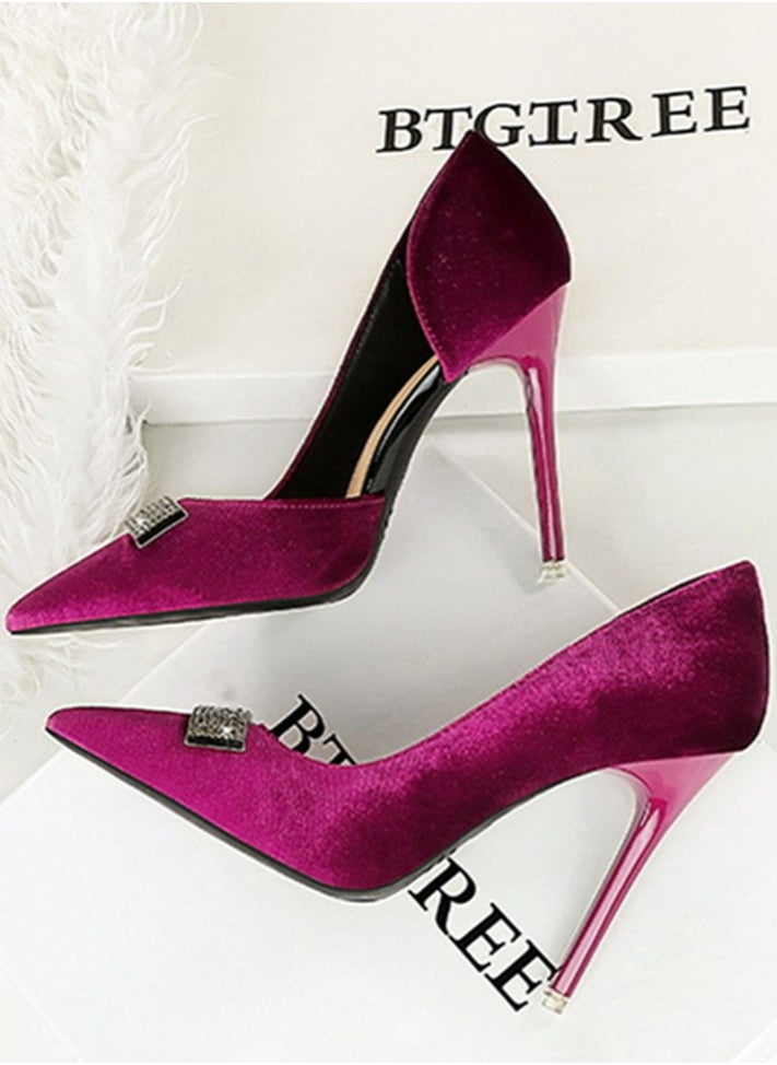 BIGTREE Women's Suede Closed Pointed Toe Stiletto Pump Rhinestone Square Buckle Decoration High Heels Purple 10.5 CM  - Image 3