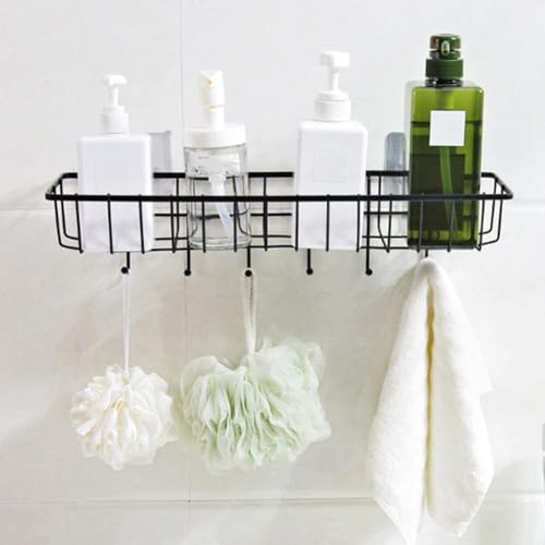 Rasikvar Kitchen Spice Rack, Wall Mounted Spice Shelf, Self-Adhesive Basket, Multipurpose Bathroom Shelf with 6 Hooks/Towel Holder/Rack/Bathroom Accessories - Wall Mount (Black,Powder Coated) - Image 5