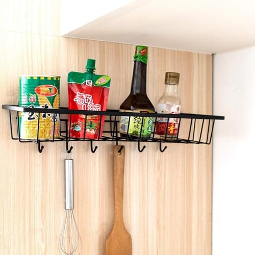 Rasikvar Kitchen Spice Rack, Wall Mounted Spice Shelf, Self-Adhesive Basket, Multipurpose Bathroom Shelf with 6 Hooks/Towel Holder/Rack/Bathroom Accessories - Wall Mount (Black,Powder Coated) - Image 4