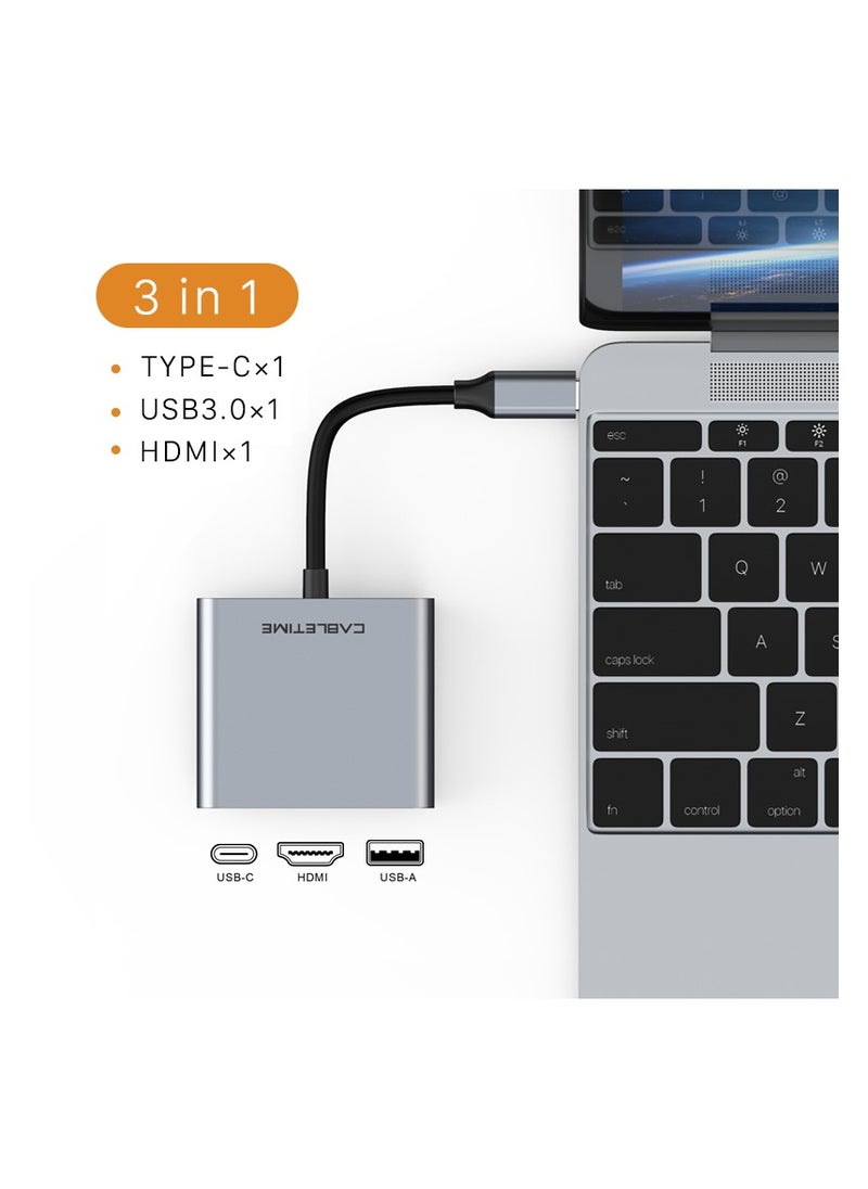 CABLETIME - CABLETIME 3-IN-1 4K USB C Multiport Adapter, 4K HDMI, 100W Power Delivery, USB 3.0 Data Port, Fast Charging, 5Gbps Transfer Speed, Wide Compatability, RoHS Compliance, 2-Years Warranty - Image 1