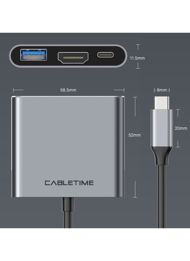 CABLETIME - CABLETIME 3-IN-1 4K USB C Multiport Adapter, 4K HDMI, 100W Power Delivery, USB 3.0 Data Port, Fast Charging, 5Gbps Transfer Speed, Wide Compatability, RoHS Compliance, 2-Years Warranty - Image 1