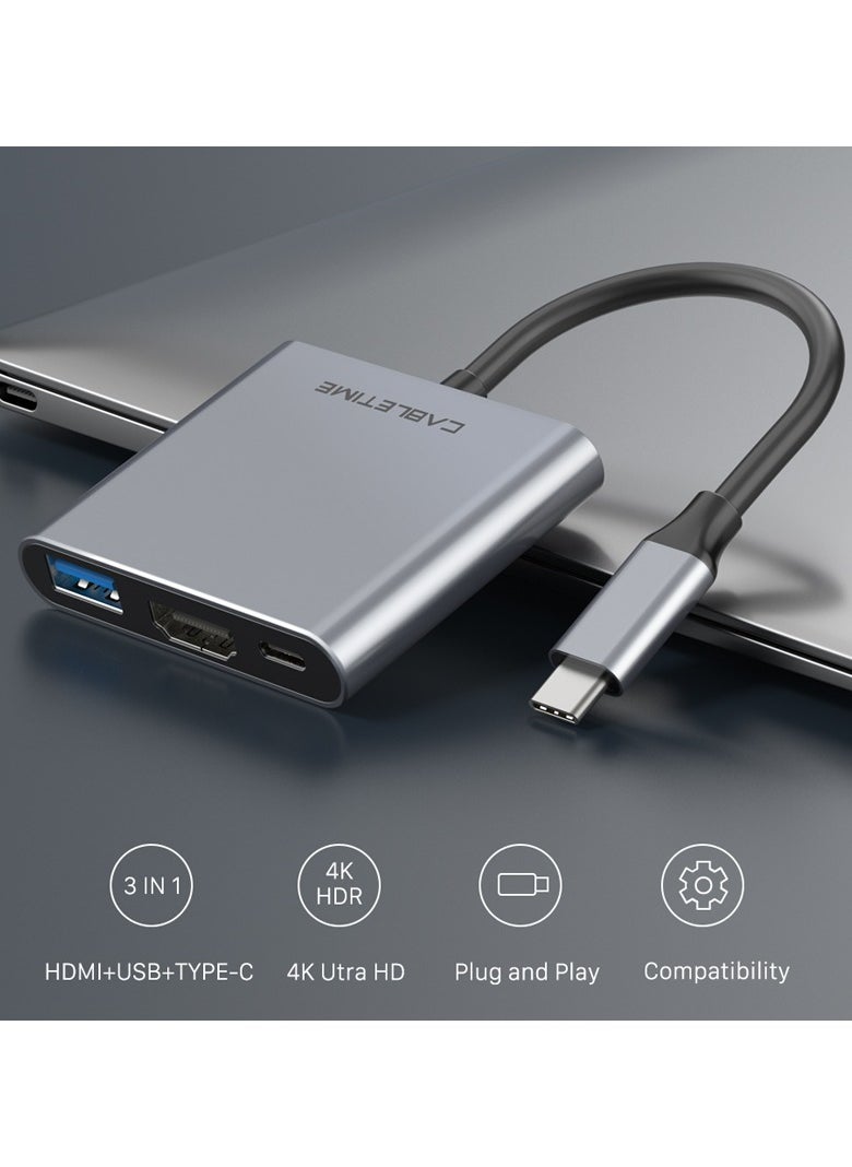 CABLETIME - CABLETIME 3-IN-1 4K USB C Multiport Adapter, 4K HDMI, 100W Power Delivery, USB 3.0 Data Port, Fast Charging, 5Gbps Transfer Speed, Wide Compatability, RoHS Compliance, 2-Years Warranty - Image 1