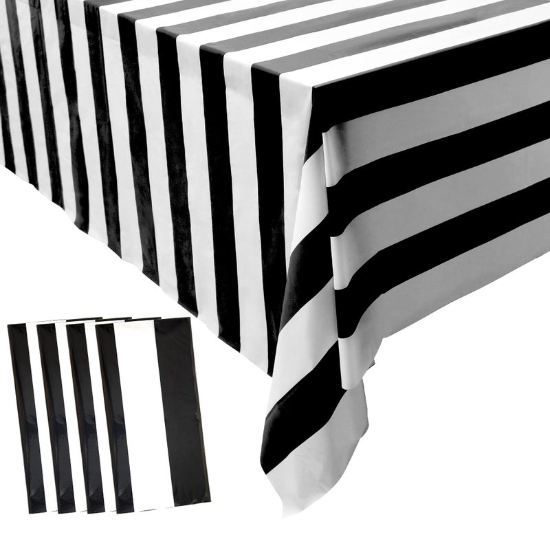 peony man 4 Pieces Black and White Striped Tablecloth Plastic Stripe Table Cover Waterproof Rectangle Tablecloth for Holiday Party Picnic Decoration - Image 1