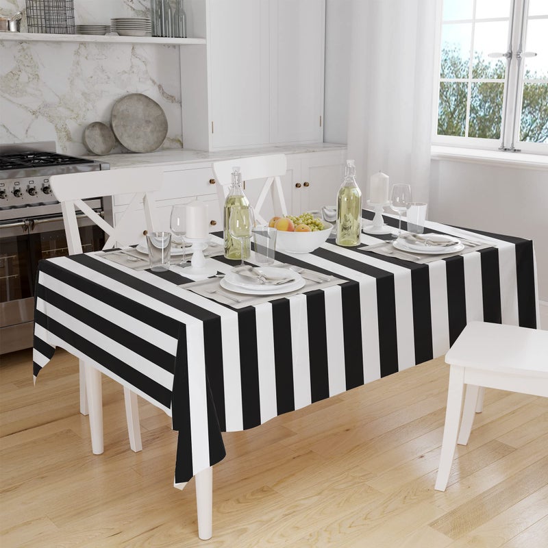 peony man 4 Pieces Black and White Striped Tablecloth Plastic Stripe Table Cover Waterproof Rectangle Tablecloth for Holiday Party Picnic Decoration - Image 5