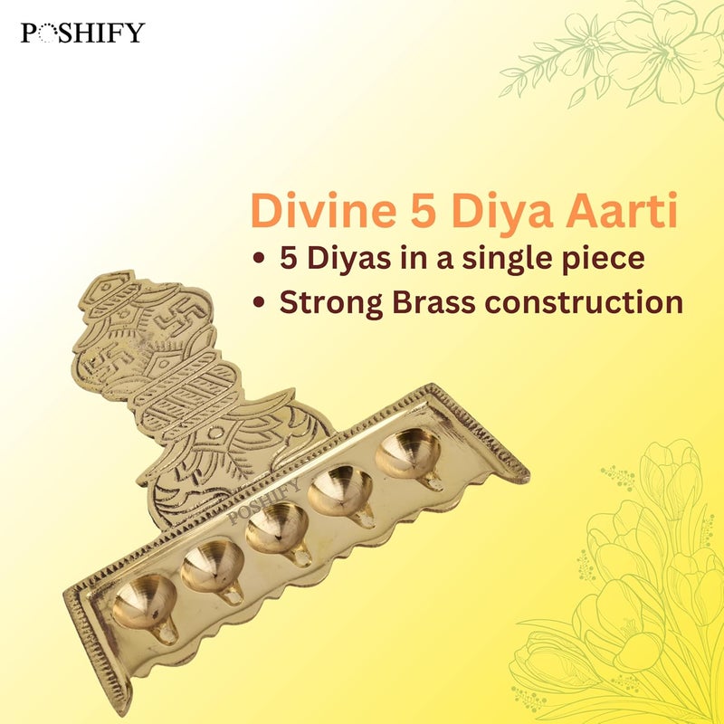 POSHIFY Brass PanchDeep - Traditional Handcrafted 5 Diya Brass Aarti Holder for Puja Room and Home Decor - Luxury Indian Puja Essentials with Intricate Patterns and Engravings - Image 3