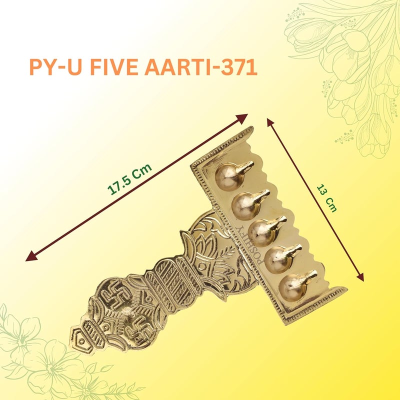 POSHIFY Brass PanchDeep - Traditional Handcrafted 5 Diya Brass Aarti Holder for Puja Room and Home Decor - Luxury Indian Puja Essentials with Intricate Patterns and Engravings - Image 2