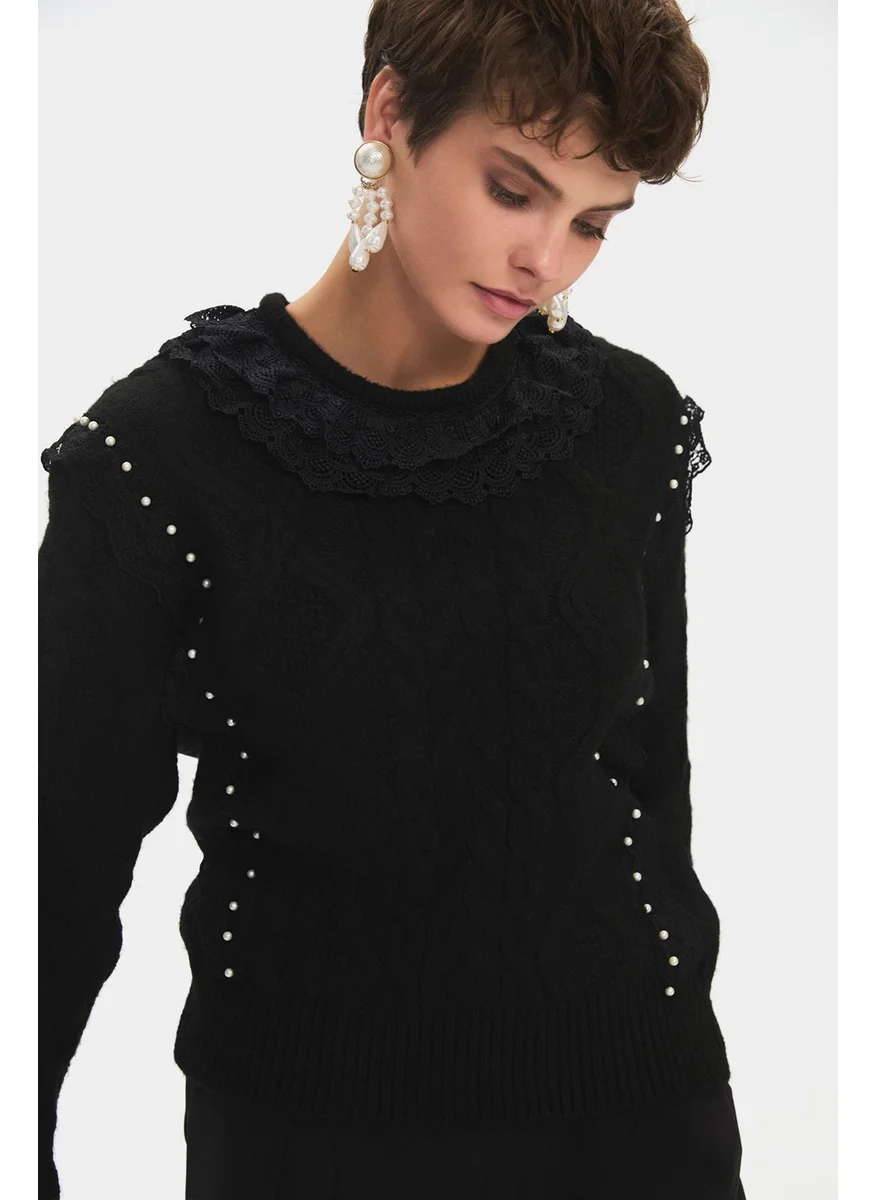 جون Women's Crew Neck Ruffle Hair Knitted Sweater