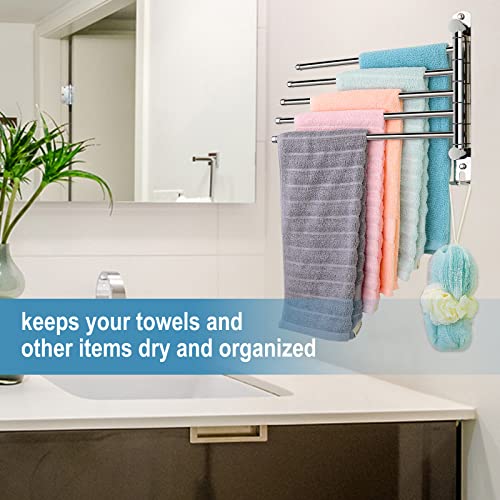 SCDGRW 5 Arm Swivel Towel Bar - Heavy Duty SUS304 Stainless Steel Swing Towel Rack for Bathroom, 180° Rotation Wall Mount Towel Holder with Hook, Space-Saving Organizer for Kitchen, Laundry Room - Image 4
