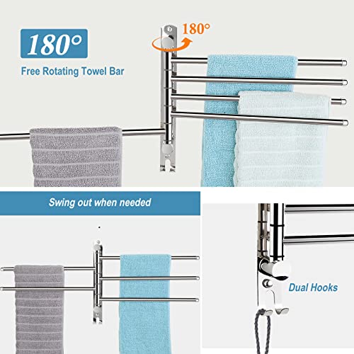 SCDGRW 5 Arm Swivel Towel Bar - Heavy Duty SUS304 Stainless Steel Swing Towel Rack for Bathroom, 180° Rotation Wall Mount Towel Holder with Hook, Space-Saving Organizer for Kitchen, Laundry Room - Image 3