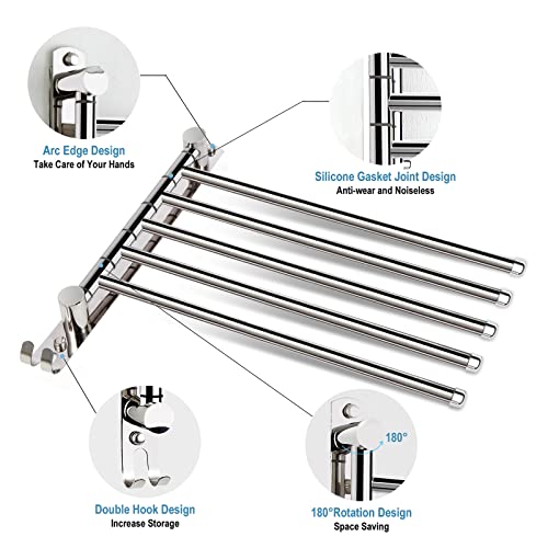 SCDGRW 5 Arm Swivel Towel Bar - Heavy Duty SUS304 Stainless Steel Swing Towel Rack for Bathroom, 180° Rotation Wall Mount Towel Holder with Hook, Space-Saving Organizer for Kitchen, Laundry Room - Image 2